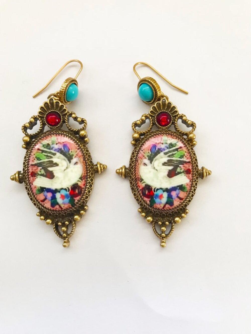 Hand Painted Enamel Dove Bird Flower Earrings Retro Inspired